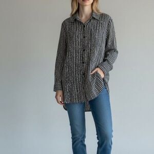 Chloe Womens Black White Striped Hippy Long Sleeve Blouse Button Down Top Sz S